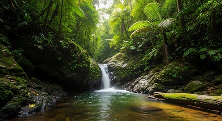 Obraz premium Beautiful cascading waterfall amidst a vibrant, untouched rainforest, reflecting the serene and wild beauty of a pristine natural environment