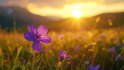 Purple Wildflower Meadow at Golden Sunset with Mountain Backdrop