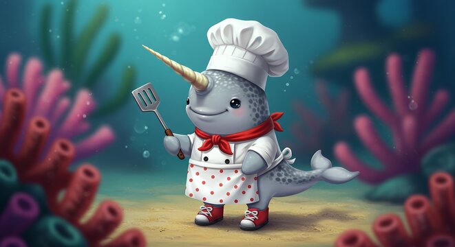 Cute narwhal chef underwater