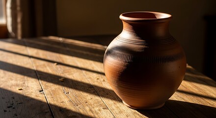 Handcrafted terracotta pot bathed in warm morning sunlight, casting long shadows on a rustic wooden table