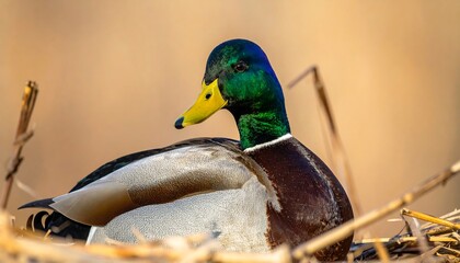 Male duck resting in reeds