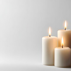 
Three Glowing White Candles on a Plain Background