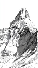 Detailed black and white illustration of a majestic mountain peak, showcasing intricate lines and textures.