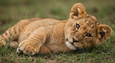 Obraz premium Lion cub resting in grass