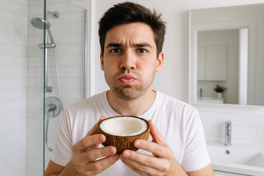 Young man practicing oil pulling with coconut oil in modern bathroom. concept of natural oral hygiene, health routine, coconut oil benefits