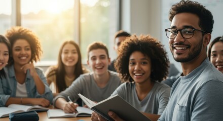 Teacher leading classroom discussion with diverse students - interactive education and knowledge sharing