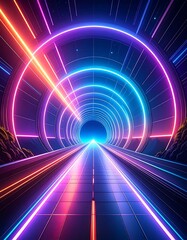 Futuristic neon tunnel with glowing rings