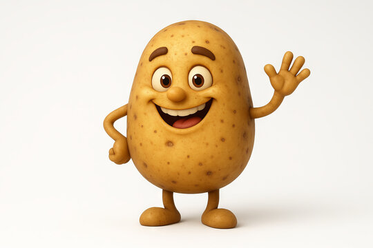Cheerful potato character waving with a smile isolated on white background. concept of friendly food mascot, cartoon vegetable, playful illustration for kids