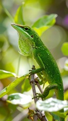 Vivid green lizard perched on branch