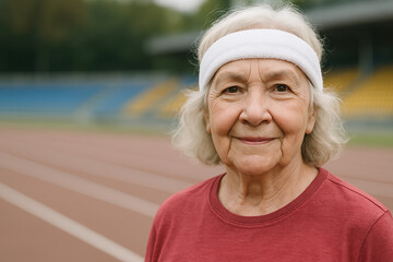 Elderly female athlete smiling on a stadium track on a sunny day. concept of fitness, active lifestyle, healthy aging