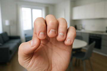 Bitten nails on hand as a visible sign of stress or anxiety, unhealthy habit in daily home life