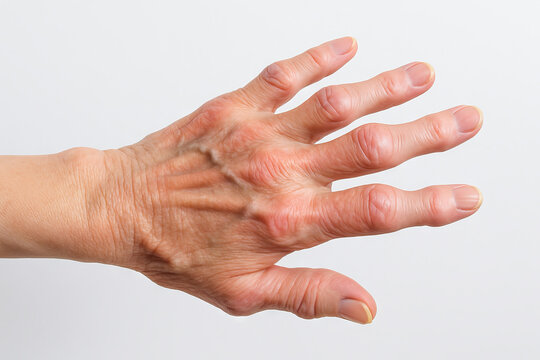 Close-up of hand with arthritis demonstrating deformity and swelling in fingers against white background. concept of medical condition, joint pain, aging effects