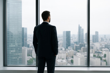 Fototapeta premium Business man in suit gazing through panoramic windows at city skyline from high-rise office. concept of corporate leadership, urban landscape, professional contemplation.
