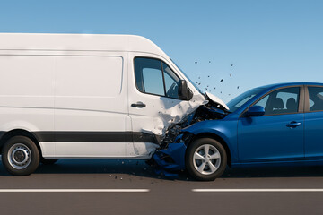 Car crash on highway involving van and blue sedan under clear blue sky. concept of traffic accident, road safety, collision impact