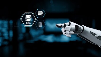 A robotic hand interacts with vibrant digital icons representing data management and cloud technology, highlighting advancements in automation and modern innovation. Synapse - Powered by Adobe