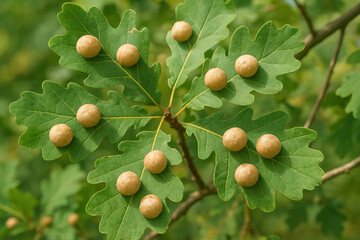 Fototapeta premium Oak leaf galls on lush green leaves in natural forest environment. concept of nature's curiosities, plant biology, forest ecosystem diversity