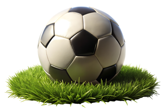 Classic cutout png black and white soccer ball resting on vibrant green grass isolated on a transparent background