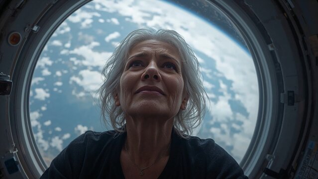 Elderly woman tears of joy in space station window