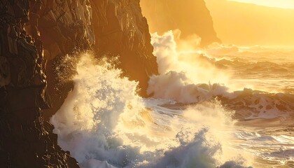 Dramatic waves crashing against a cliff at golden sunset