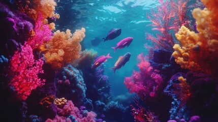 Fototapeta premium Underwater view with vibrantly colored coral reefs, showcasing fish swimming in clear blue waters