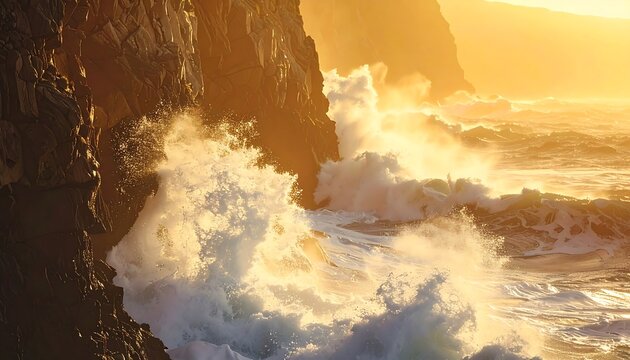 Dramatic waves crashing against a cliff at golden sunset