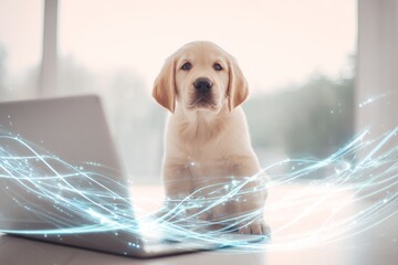 Puppy's morning routine: sitting like a human at laptop. Puppy learning tech. How statistics influence decision-making in business and everyday life. Cute puppy moment. Simple stats guide.