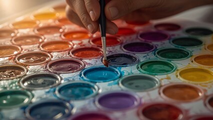 Vibrant watercolor palette with hand selecting color