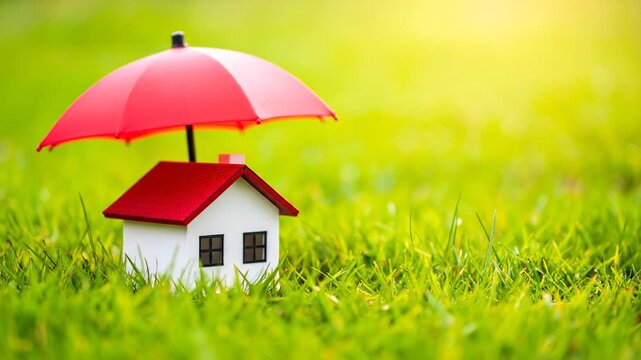 House Protected By Red Umbrella On Green Grass In Soft Lighting A Symbol Of Home Safety And Property Assurance Adobe Stock Photo