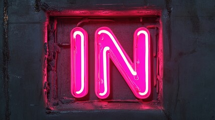 A luminous neon sign glows brilliantly, illuminating the word 'IN' on a dark, reflective surface, symbolizing entry, arrival, or the beginning of a new phase. Stock Image.