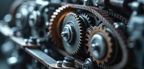 Fototapeta premium Engine timing belt, gears operate in synchronization, showing precision, power. Metal components indicate wear, tear, suggesting maintenance overhaul. Internal combustion engine part crucial for
