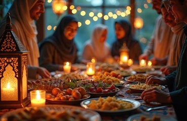 Muslim family celebrates Ramadan with traditional dinner at home, breaking fast with feast of Moroccan, Indian dishes. Festive evening meal setting with lanterns, candles, bokeh lights. Holy month