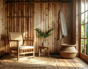 Interior view of a cozy wooden room with natural light and relaxing elements.