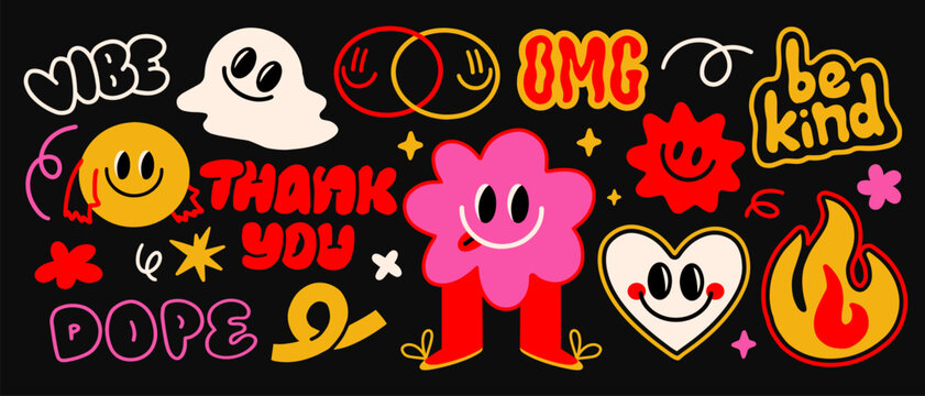Retro funky sticker set. Vintage groovy badges with smiley faces, hearts, and playful slogans. Design elements for print and social media. Flat vector illustration collection
