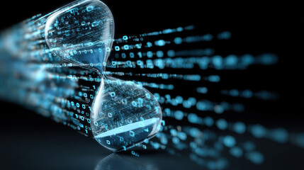 Digital hourglass representing passage of time, with flowing binary code symbolizing technology and data. This evokes sense of urgency and innovation