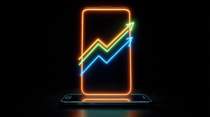 Glowing smartphone with neon arrows indicating growth and progress, symbolizing technology and financial success. vibrant colors create dynamic and modern feel, representing innovation