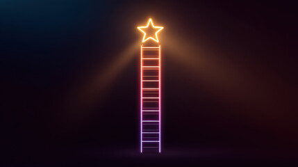 Glowing neon ladder reaches towards bright star at top, symbolizing aspiration and achievement. vibrant colors create captivating visual that inspires dreams and goals
