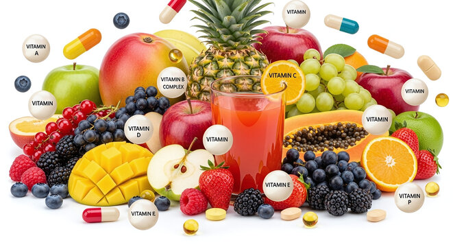 Assorted healthy fresh fruits berries, essential multi vitamins, supplements complex pill. Collage of forest fruits, berries, tropical fruits assortment, vitamin A, B, C, D, E, K, P juice 3D