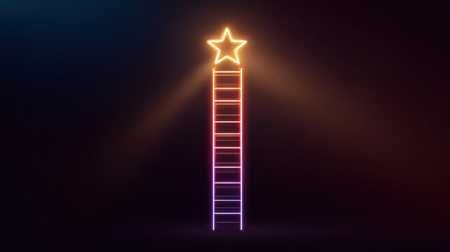 Glowing neon ladder reaches towards bright star at top, symbolizing aspiration and achievement. vibrant colors create captivating visual that inspires dreams and goals