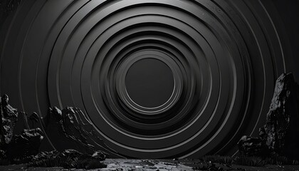 Abstract dark concentric circles background with rocky foreground
