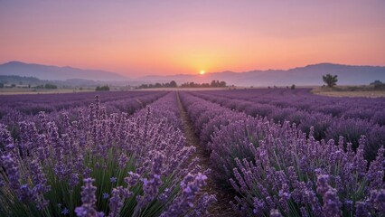 Obraz premium Dreamy lavender field at sunset over hills