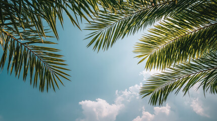 Fototapeta premium Lush palm leaves frame bright blue sky with fluffy white clouds, creating serene tropical atmosphere. vibrant greenery contrasts beautifully with clear sky, evoking sense of relaxation