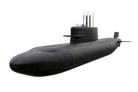 Military submarine side view on white background isolated on a transparent background