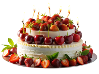 Two tier cutout png white cake decorated with fresh strawberries cherries and lit birthday candles isolated on a transparent background