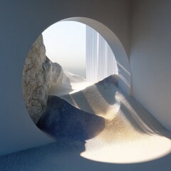 A serene, light-filled, abstract interior space features a circular window framed by large rocks, overlooking a landscape of sculpted sand dunes.