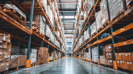 Fototapeta premium Efficient warehouse storage with organized shelves filled with boxes and pallets, showcasing clean and spacious aisle for easy navigation and access