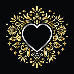 Wedding icon with heart and flower. Vector illustration on black background.