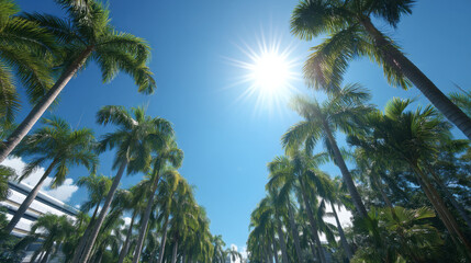 Fototapeta premium Lush palm trees stretch towards bright sun in clear blue sky, creating vibrant tropical atmosphere. scene evokes feelings of warmth and relaxation, perfect for summer getaway