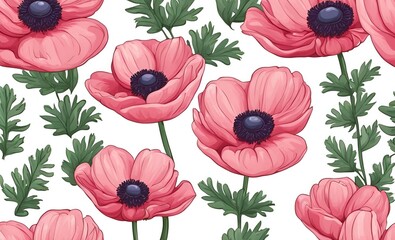 An Illustration pattern featuring delicate pink anemone flowers and fresh green leaves on a clean white background, perfect for a cheerful and modern floral design.