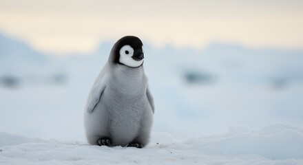 Cute penguin chick in snowy landscape