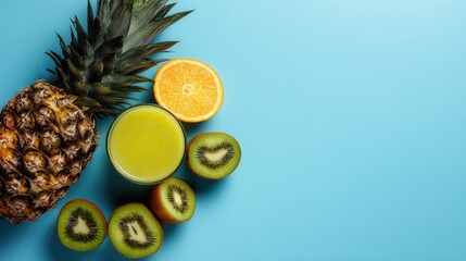Fresh tropical fruits including pineapple, orange, kiwi, and green juice on a bright blue background